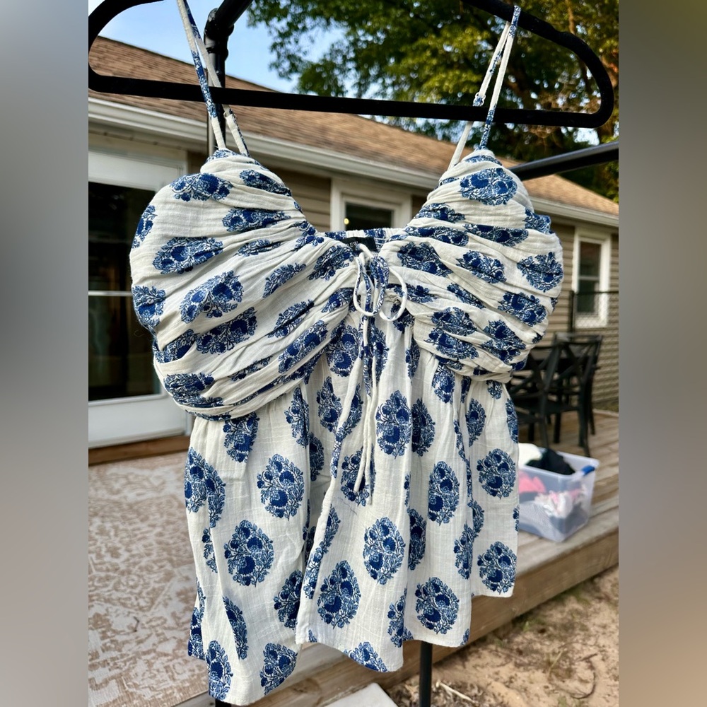 J.Crew Blue & White Floral Ruched Tank Top | Size 8 | NW